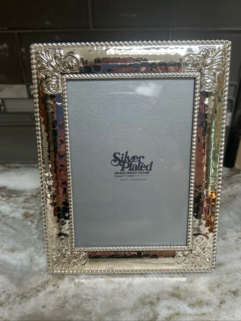 Solid Brass & Lacquer Coated Baroque Style Photo Frame 5x7 Silver Hammered tone